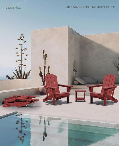 SERWALL Folding Adirondack Chair Set of 8, Adjustable Adirondack Chair with 3 Recline Positions, All Weather HDPE Outdoor Adirondack with Cup Holders, Red
