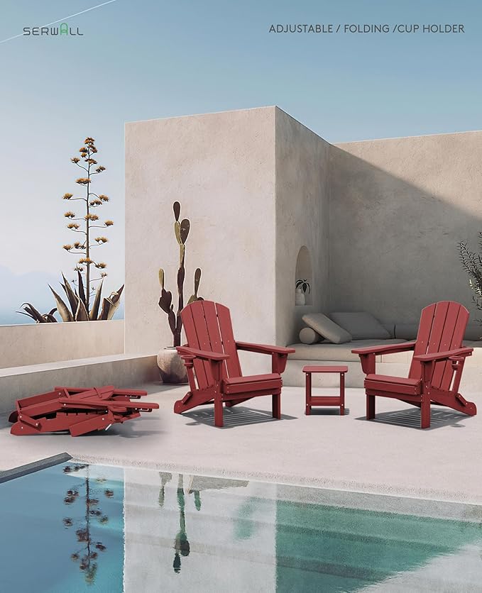 SERWALL Folding Adirondack Chair Set of 4, Adjustable Adirondack Chair with 3 Recline Positions, All Weather HDPE Outdoor Adirondack with Cup Holders, Red