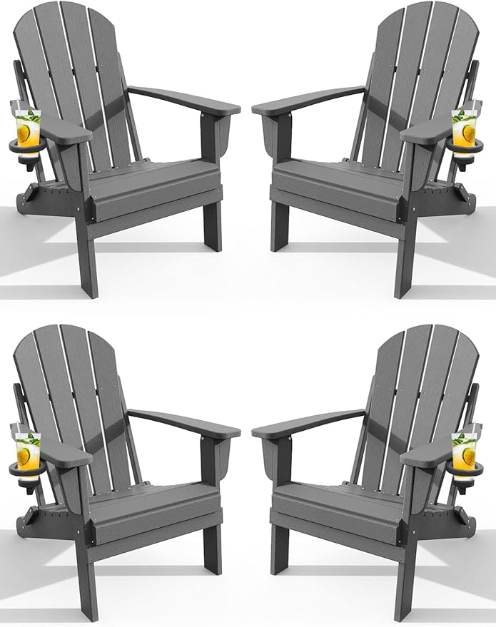 Adirondack Chair with Cup Holder Set of 4, Folding HDPE Patio Chairs, Outdoor Plastic Fire Pit Chair, Wood Texture, Lawn Chairs for Deck, Porch, Backyard, Garden, Slate Gray