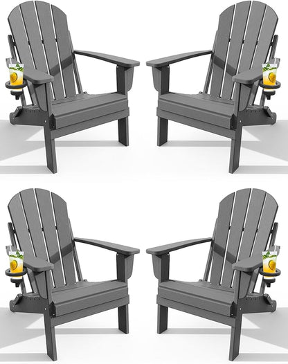 Adirondack Chair with Cup Holder Set of 4, Folding HDPE Patio Chairs, Outdoor Plastic Fire Pit Chair, Wood Texture, Lawn Chairs for Deck, Porch, Backyard, Garden, Slate Gray