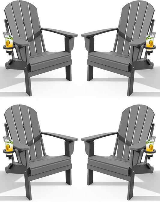 Adirondack Chair with Cup Holder Set of 4, Folding HDPE Patio Chairs, Outdoor Plastic Fire Pit Chair, Wood Texture, Lawn Chairs for Deck, Porch, Backyard, Garden, Slate Gray