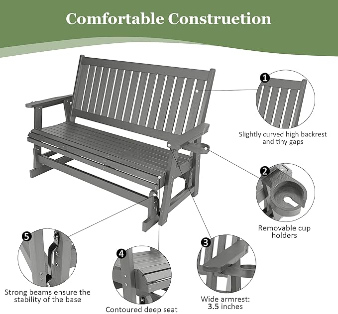 HIPS Patio Glider with Cup Holders, Durable Poly Lumber Material, All-Weather Resistant, High Backrest and Deep Contoured Seat, Heavy Duty 900 LB, for Outdoor, Porch, Patio (Gray, 3-Seat)