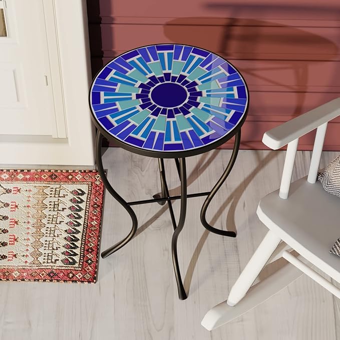 Mosaic Outdoor Side Table, Patio Side Table, Weather Resistant 14" Diameter 21" H Ceramic Tile Round Outside Table for Patio, Porch, Garden, Pool, Indoor&Outdoor,Plant Stand (Vortex)