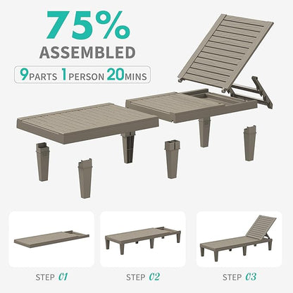 Patio Chaise Lounge Set of 2, 5-Position Adjustable Reclining Patio Lounge Chairs with Wood Grain Finish, All-Weather Resin Pool Lounge Chairs for Garden Deck Backyard (Grey)