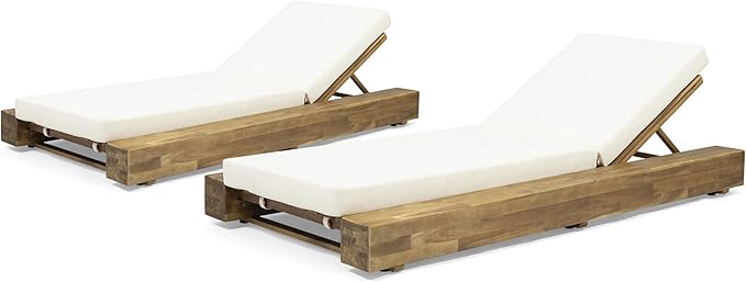 GDFStudio Outdoor Acacia Wood Chaise Lounge and Cushion Sets (Set of 2), and Cream - Photo 1