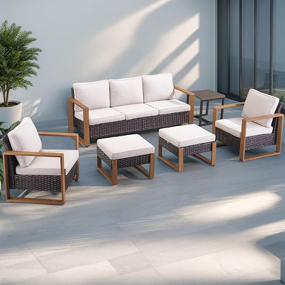 Rilyson Outdoor Wicker Patio Furniture Set - 5 Piece Patio Conversation Set with 2 Wicker Armrest Chairs,2 Rattan Ottoman, 1 Side Table, Sturdy Frame, Thick Cushions, Deep Seating(Brown/Beige)