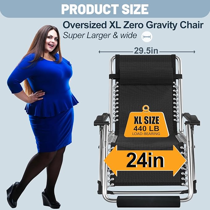 Slsy Zero Gravity Chair Oversized XL, Reclining Lounge Chair with Removable Cushion & Tray for Indoor and Outdoor - Photo 3