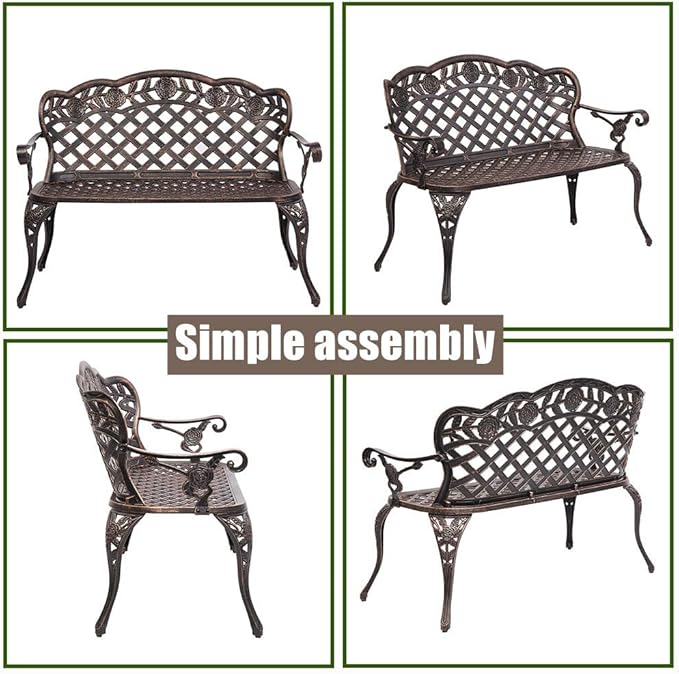 LEEXCCOS Updated Version & Stronger 42.5" Metal Garden Benches for Outdoors, More Weather Resistant Park Bench Metal Bench Leisure Rose Chair for 2 Person Seat, Patio Front Porch Furniture (Bronze)