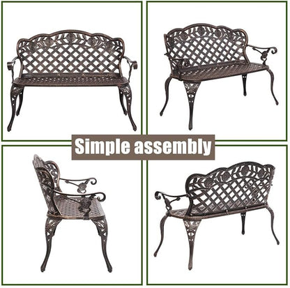 LEEXCCOS Updated Version & Stronger 42.5" Metal Garden Benches for Outdoors, More Weather Resistant Park Bench Metal Bench Leisure Rose Chair for 2 Person Seat, Patio Front Porch Furniture (Bronze)