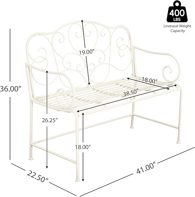 Merax 41 Inch Outdoor Garden Bench, Iron Metal Frame Patio Park Bench with Curled Decorative Pattern Backrest, Outside Bench for Front Porch Path Yard Lawn Backyard for 2 Person Seat, White