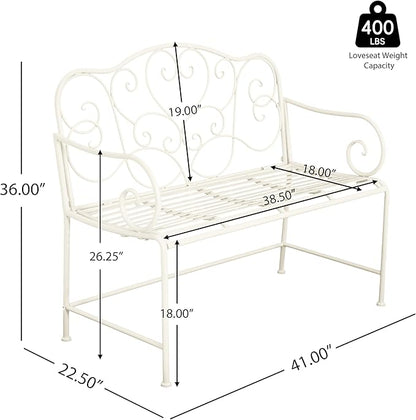 Christopher Knight Home Layon Patio Iron Garden Bench, Outdoor Loveseat for 2 People, Porch/Park Bench with Flower Design Backrest, Slatted Seat, Matte White