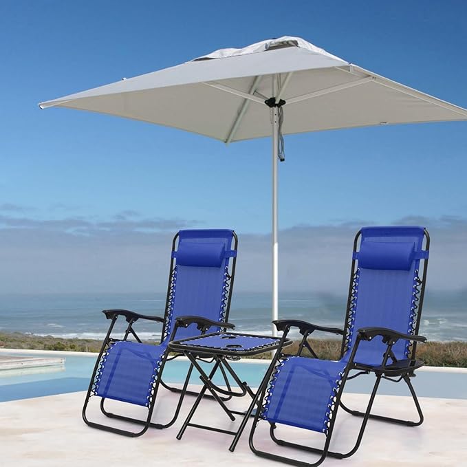 Athena Collection Zero Gravity Outdoor Lounge Chair Set of 2 with Side Table, 25" Width Pool Lounge Lawn Chairs Reclining with Cup Holder, Outdoor Chaise for Beach Patio Backyard Outside, Blue