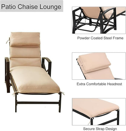 LOKATSE HOME Outdoor Patio Chaise Lounge Chair with Adjustable Backrest and Arms Metal Lounger Furniture All Weather, Khaki
