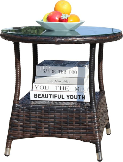 Round Outdoor PE Wicker Side Table with Storage, Patio Rattan End Table Round Glass Top Table for Furniture Gardening Tools