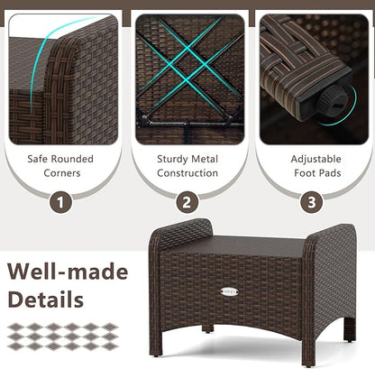 RELAX4LIFE Wicker Outdoor Ottomans for Patio - Set of 2 Rattan Footstools w/Removable Cushions, Multipurpose Outside Foot Rest, Side Table & Additional Seating for Porch Garden Backyard (Beige)