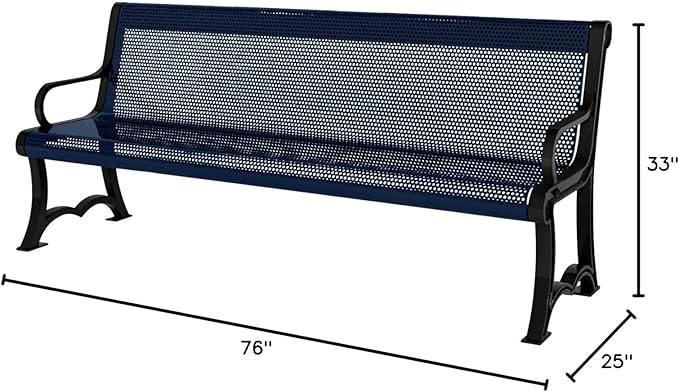 COATEDOUTDOORFURNITURE Heavy-Duty Outdoor Bench Thermoplastic Coated, Punched Steel, Commercial-Grade Garden Bench, Made in America (Portable with Back, 4 Ft, Textured Dark Blue)