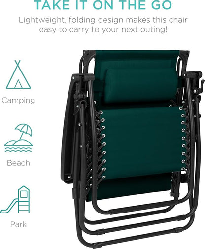 Best Choice Products 30” Wide Folding Zero Gravity Outdoor Recliner Patio Lounge Chair w/Adjustable Canopy Shade, Headrest, Side Accessory Tray - Forest Green