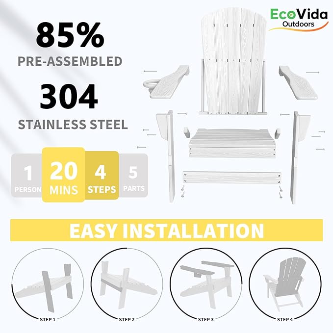 Oversized Folding Adirondack Chair - HDPE All-Weather Outdoor Chair with Cup Holder, 380LB Weight Capacity, UV Protected, White