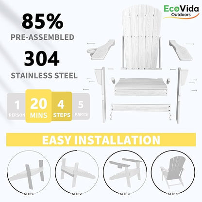 Oversized Folding Adirondack Chair - HDPE All-Weather Outdoor Chair with Cup Holder, 380LB Weight Capacity, UV Protected, White