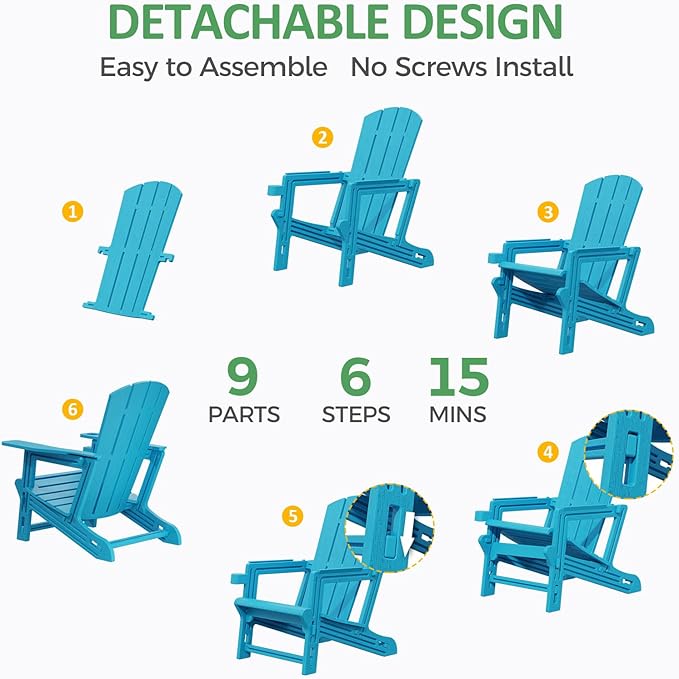 FONTOI Adirondack Chair, Outdoor Weather Resistant Lawn Furniture, Plastic Adirondack Chair with Cup Holder, 400 LBS Capacity Recliner, Garden Backyard Patio Without Screws Install, Sky Blue