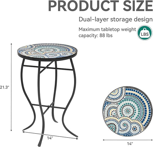 Side Table Outdoor, Mosaic Patio Table Plant Stand, 22" H Iron Coffee End Table,Weather Resistant Tile Top Metal Drink Bar Table for Indoor Garden Balcony Yard Bistro Balcony