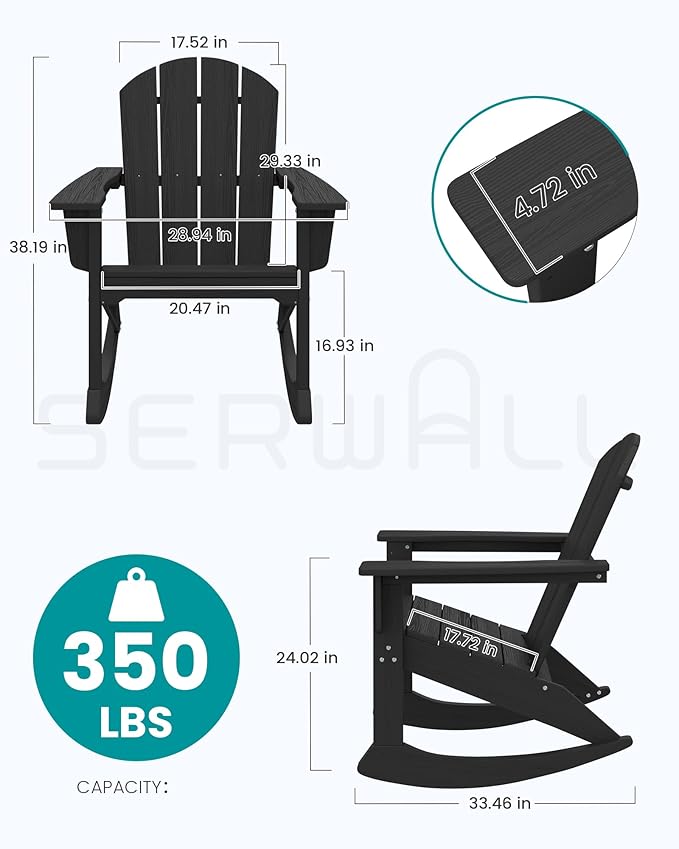 SERWALL Outdoor Adirondack Rocking Chairs Set of 8, All-Weather HDPE Adirondack Rocker Chair, Front Porch Rocker Chairs for Patio Lawn Porch Deck, Black
