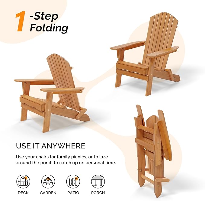 VINGLI Folding Adirondack Chair, Wood Adirondack Chairs for Outdoor, Foldable Fire Pit Chairs for Patio, BBQ, Porch - Photo 5