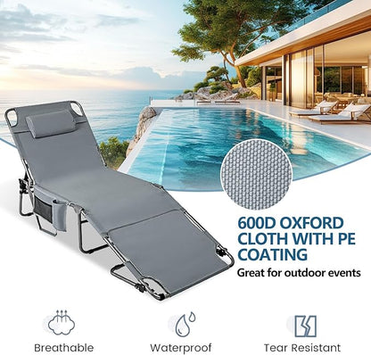 Tanning Chair with Face Hole, Adjustable Folding Chaise Lounge Chairs for Outside with Detachable Pillow & Pocket，Portable flat beach chairs for sunbathing, beach lawns camping (Deep Grey, Standard)