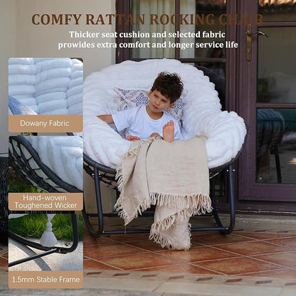 Outdoor Rocking Chair, Patio Wicker Egg Chair, Indoor Comfy Oversized Papasan Chair with Padded Cushion, Royal Rattan Rocker for Front Porch, Garden, Patio (White)