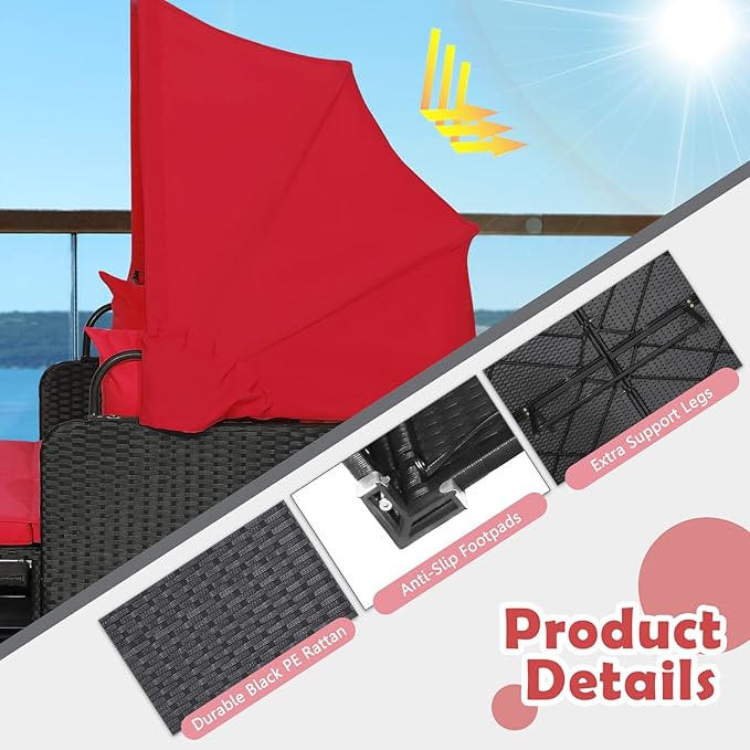 Tangkula Patio Rattan Daybed with Retractable Canopy, Outdoor Wicker Sunbed Lounger with 2 Foldable Side Tables - Photo 8