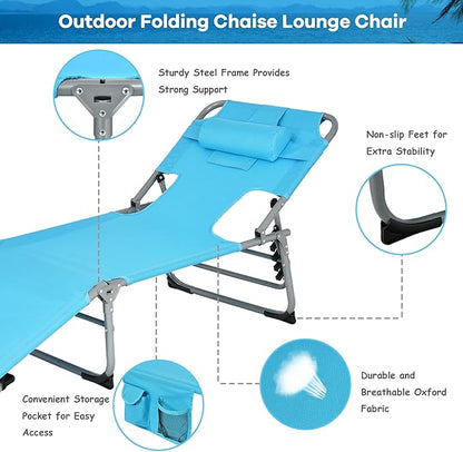 GYMAX Tanning Chair, Folding Beach Lounger with Face Arm Hole, Adjustable Backrest, Side Pocket & Carry Handle, Outside Sunbathing Lounge Chair for Patio, Poolside, Lawn (2, Turquoise)