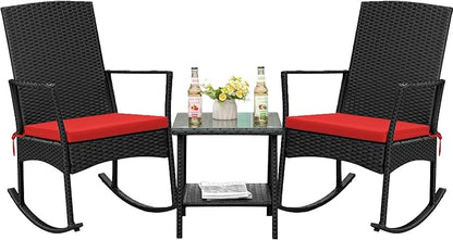 Flamaker Rocking Chair Outdoor PE Rattan Patio Chairs with Glass Table High Back Porch Rocker for Balcony, Garden, Backyard (Red)