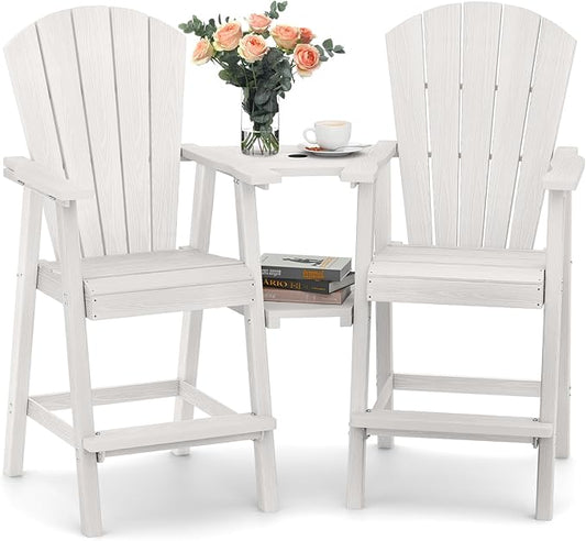 Ciokea Tall Adirondack Chairs Set of 2, HDPE Outdoor Adirondack Bar Stools with Double Connecting Tray, Weather Resistant High Back Adirondack Balcony Chairs for Deck, Lawn, Pool, Backyard, White