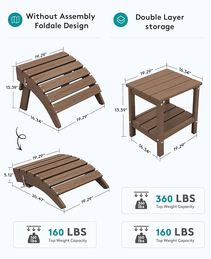 SERWALL 5-Piece Adirondack Chair and Ottoman and Table Set, Brown - Photo 3