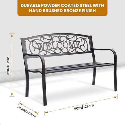 Welcome Metal Park Patio Bench, Outdoor Bench in Bronze for Porch, Lawn, Garden, Deck by Sun-Ray