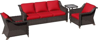 4 Pieces Patio Conversation Furniture Set - 1 Sofa, 2 Armchairs, 1 Side Table, Outdoor Wicker Furniture with Removable Cushions for Porch, Balcony, Sunroom (Red)