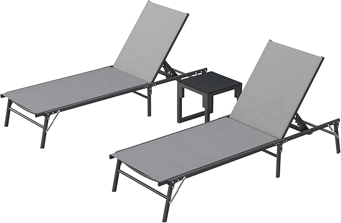 UDPATIO Foldable Patio Lounge Chair Sets with Side Table, No Assembly Outdoor Chaise Lounge with 5-Positions, Poolside Lounge Chairs with Portable Design for Pool, Beach, Deck, Backyard-Gray