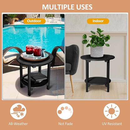 Round Adirondack Outdoor Side Table, 17.7" Small Patio End Table, 2-Tier HDPE Plastic Table for Poolside Porch Garden, Weather Resistant & Easy Assembly (Black)