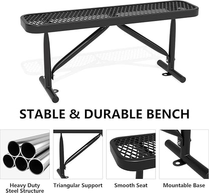 4ft Outdoor Metal Park Bench, 48" Backless Heavy-Duty Commercial Black Garden Bench with Expanded Steel Mesh Seat, Weatherproof Park Patio Dining Table Bench for Backyard Lawn School Porch Deck