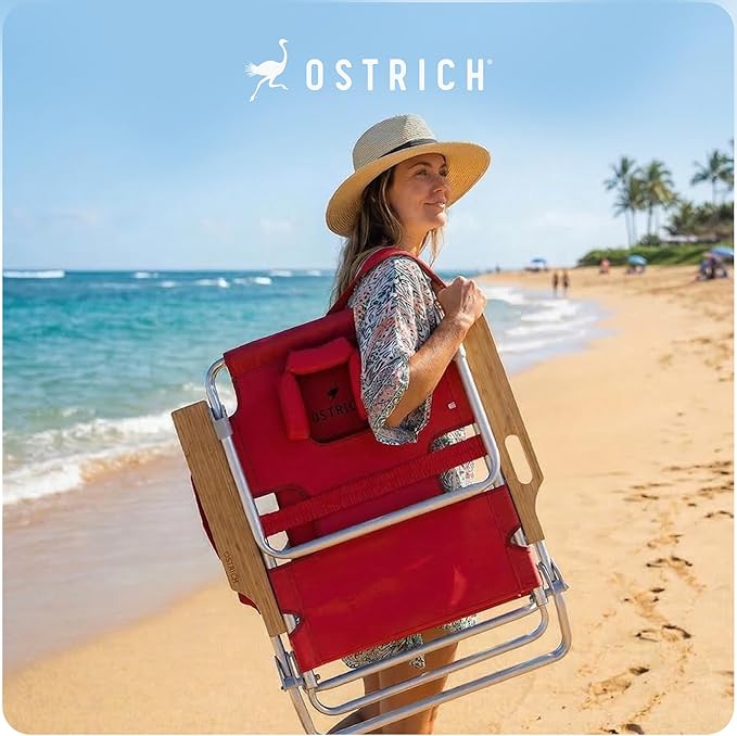 Ostrich the Deluxe 3N1 Lightweight Lawn Beach Reclining Lounge Chair with Footrest, Outdoor Furniture for Patio, Balcony, Backyard, or Porch, Red