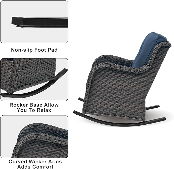 Rilyson Patio Chairs Outdoor Rocking Chair - 2 Piece Wicker Rattan Rocker Chairs Set with High Back and Deep Seating for Porch Deck Garden Backyard(Brown/Blue)