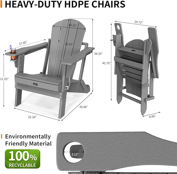 VINGLI Plastic Adirondack Chairs, Folding with Cup Holder, Waterproof HDPE Material - Photo 3