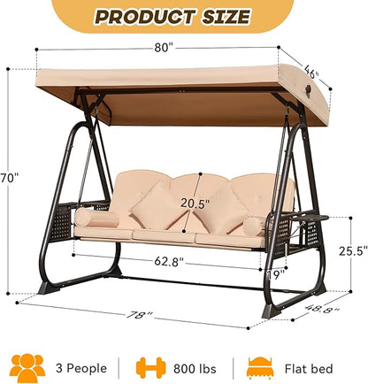 3 in 1 Outdoor Porch Swing with Adjustable Canopy, 3 Seat Outdoor Swing for Adults, Patio Swing Chair with Thickened Cushions,Pillows & Cup Holders for Backyard, Porch, Garden (Khaki)