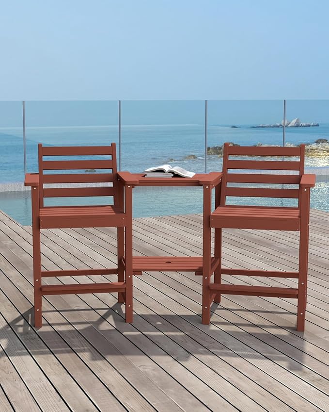 Tall HDPE Adirondack Bar Chairs Set of 2, Outdoor Balcony Bar-Height Chairs with Extra-Large Side Trays & 2" Umbrella Hole, All-Weather Patio Stools for Porch, Deck, Garden (Terracotta, 2chair)