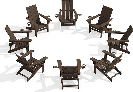 SERWALL Modern Adirondack Chairs Set of 8, Folding Adirondack Chair with Cup Holders, Outdoor HDPE Adirondack Chair for Patio Lawn Garden, Coffee