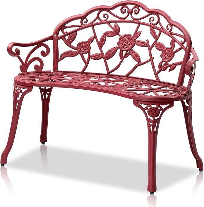 Bonnlo 38.5" Patio Outdoor Bench, Cast Anti-Rust Iron Aluminum Garden Bench with Rose Patten Finish Chair, Entryway Bench 2 Person Seat for Patio, Lawn, Backyard