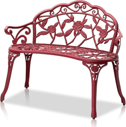 38.5" Outdoor Garden Bench Cast Aluminum Patio Park Bench Elegant Porch Deck Loveseat with Rose Pattern Backrest,Red