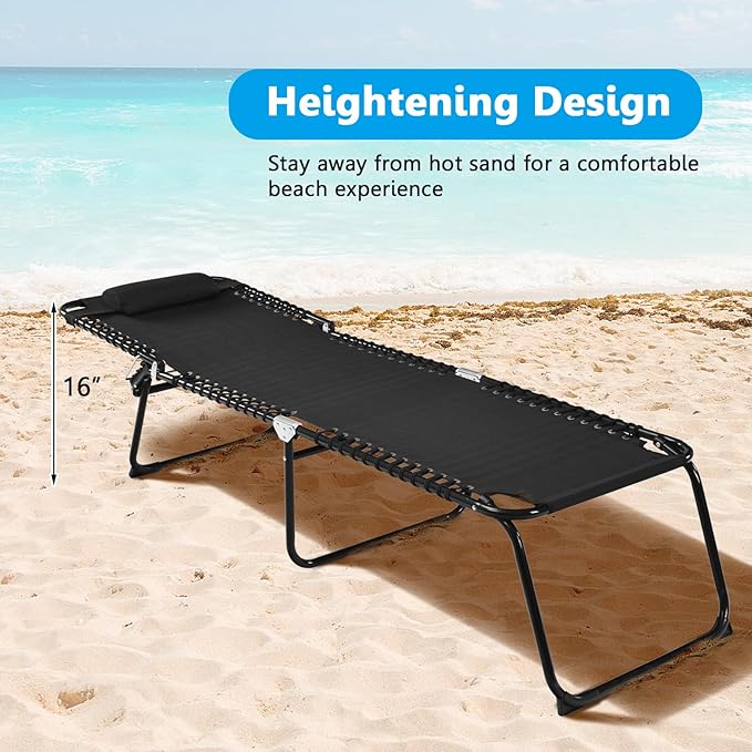 GYMAX Tanning Chair, Extra High Lounge Chair with Removable Pillow, Detachable Side Pocket & Adjustable Backrest, Folding Chaise Lounger for Sunbath, Layout Beach Chair for Indoor/Outdoor (2, Black)