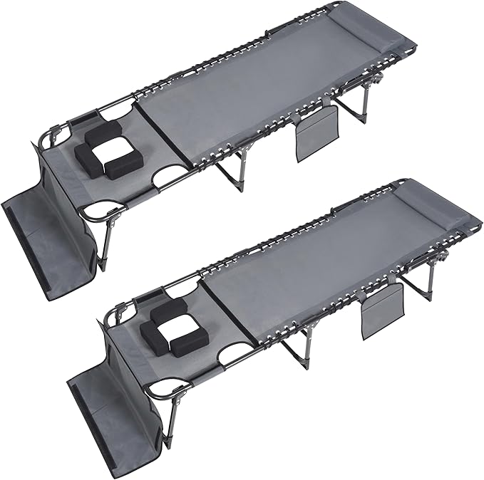 Foldable Outdoor Chaise Lounge Chair 2 Pack with Face and Arm Hole, Portable Tanning Chair with 5-Position Adjustable Back, Detachable Pillow and Pocket for Patio, Beach and Pool, Gray