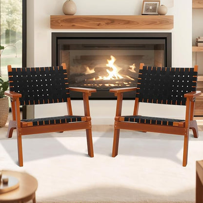 VINGLI Outdoor Armchair, All-Weather Wooden Patio Chair with Waterproof PE Woven Fabric, Adirondack Chair for Garden, Lawn and Poolside (2, Black and Brown)